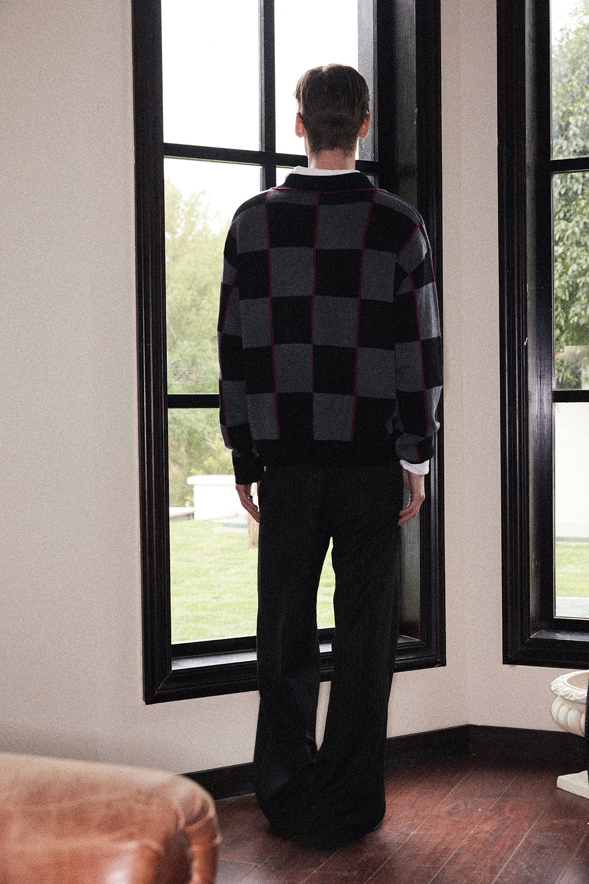 Wool lapel checkered polo shirt