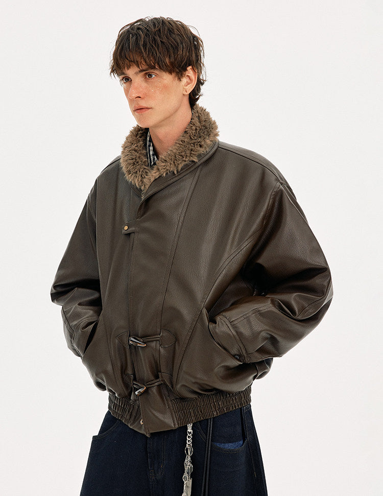 Horn Button Fur Collar Leather Jacket