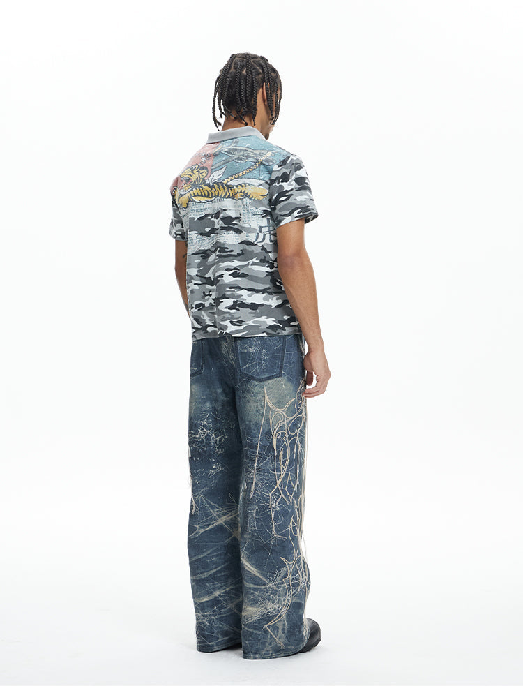 Embroidered Digital Print Jeans