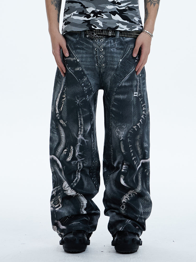 Oddly shaped pipe digital print Jeans