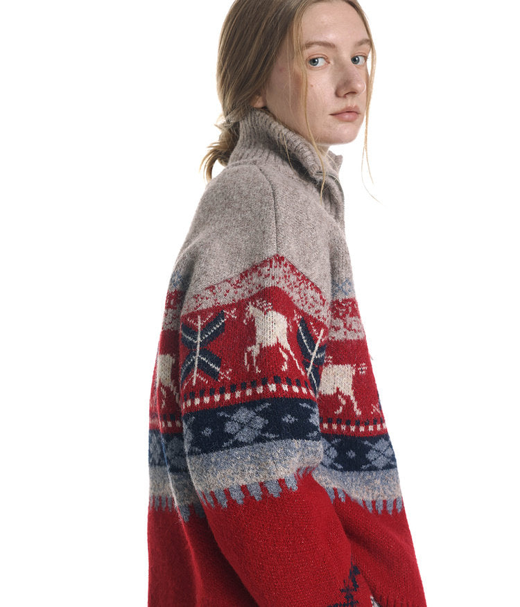 Wool-Blend Pony Jacquard Zip Cardigan