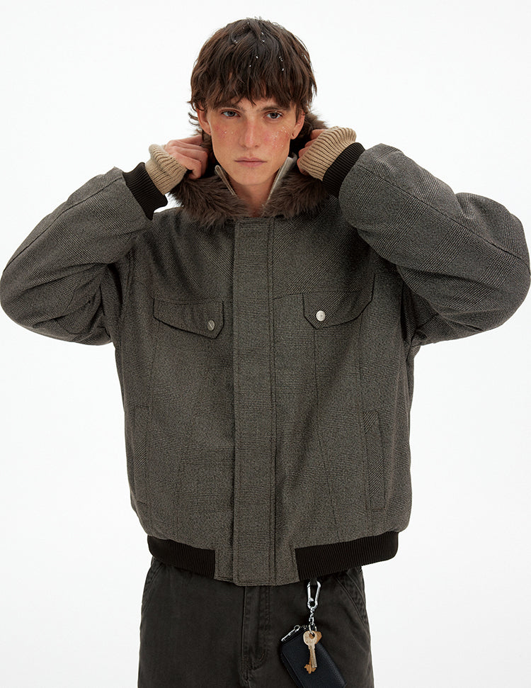 Houndstooth Fur Collar Cotton Jacket