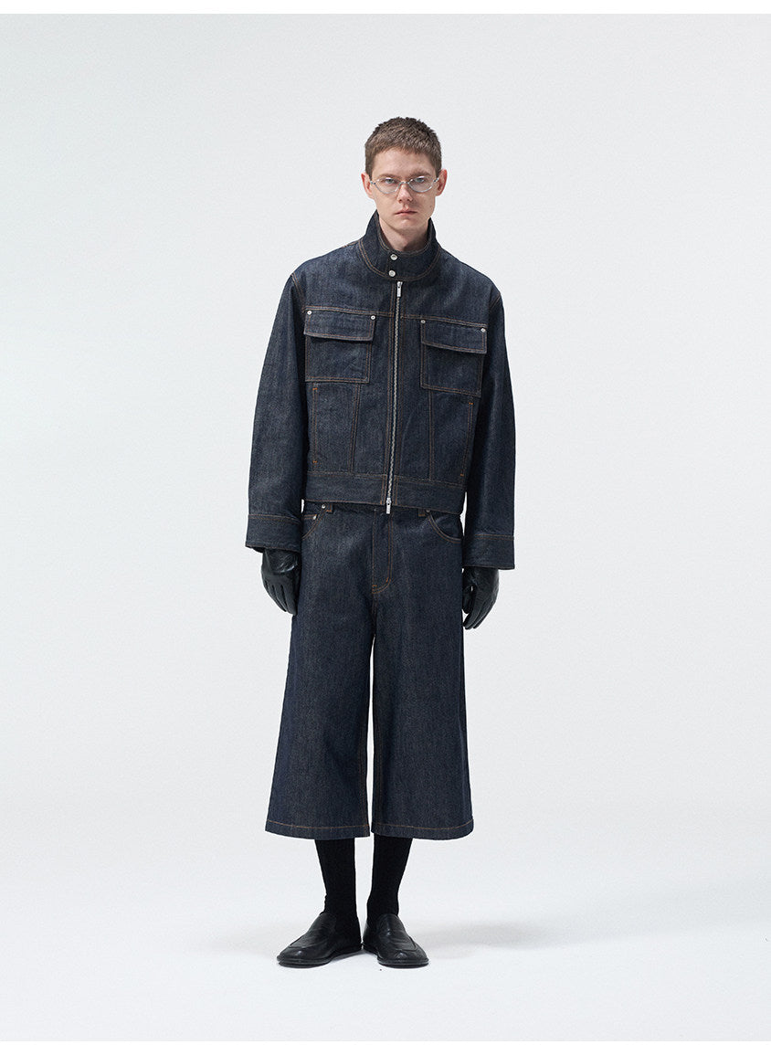 Stand Collar Denim Jacket with Pockets