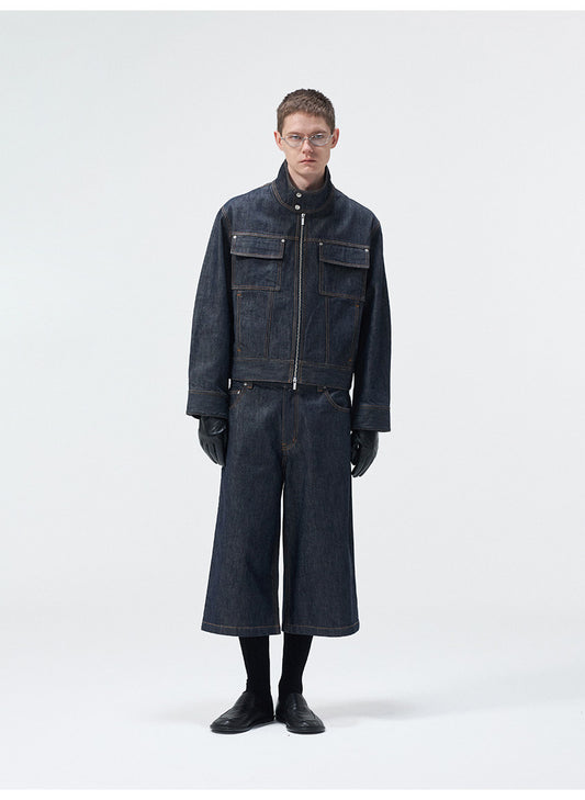 Stand Collar Denim Jacket with Pockets