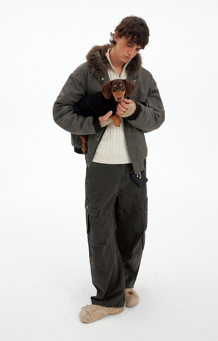 Houndstooth Fur Collar Cotton Jacket