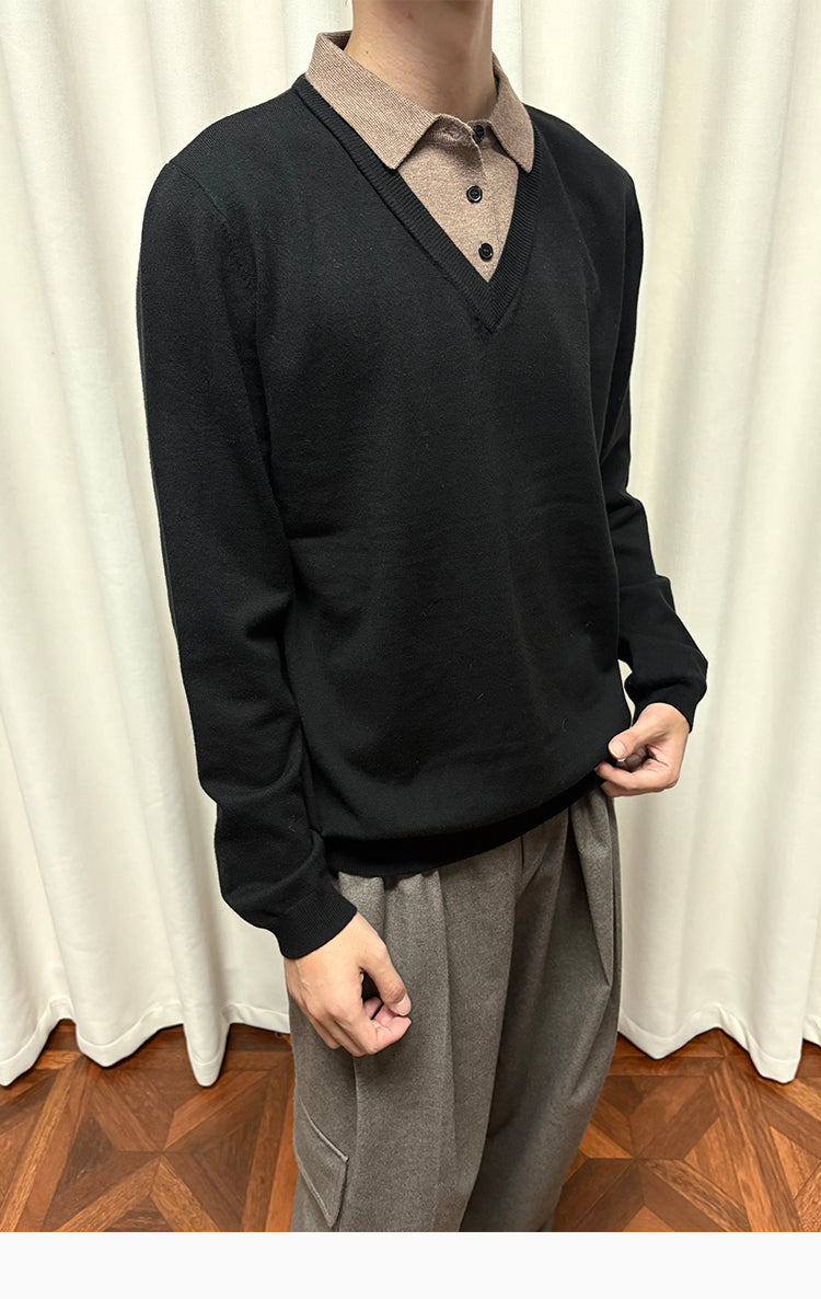 Faux Two-Piece Polo Collar Sweater