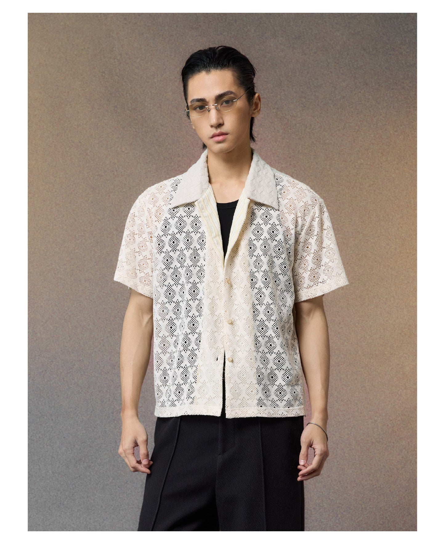 Diamond-Textured Hollow-Knit Shirt