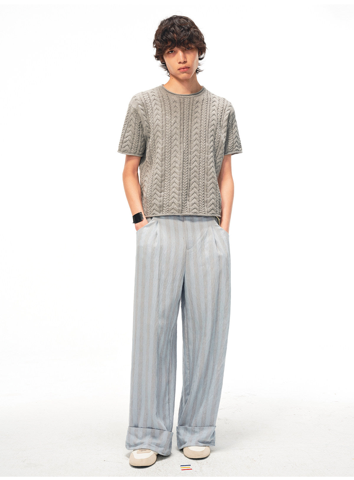 Striped Drawstring Flip-Up Casual Pants