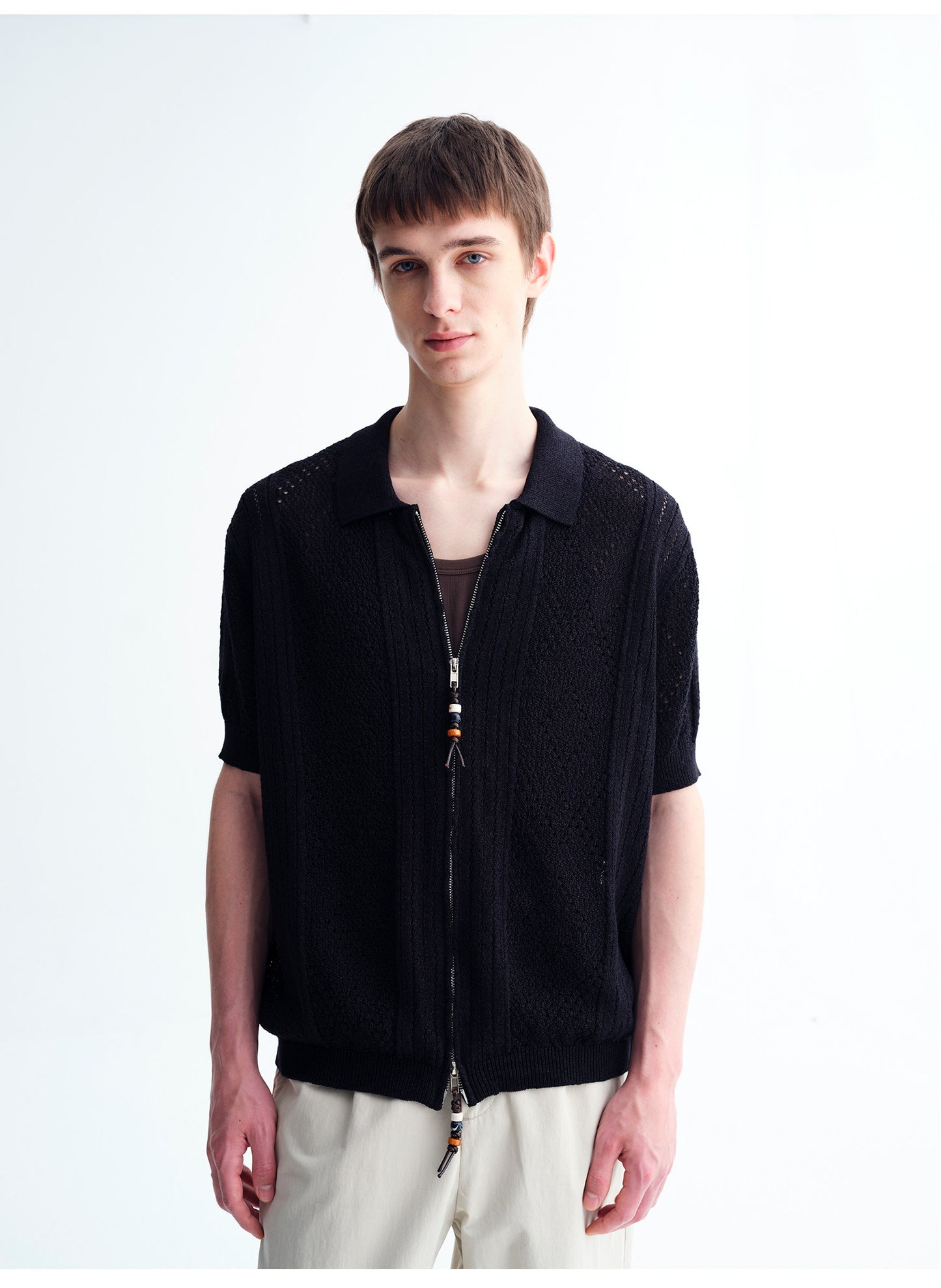 Handmade Beaded Double-Zipper Knit Cardigan