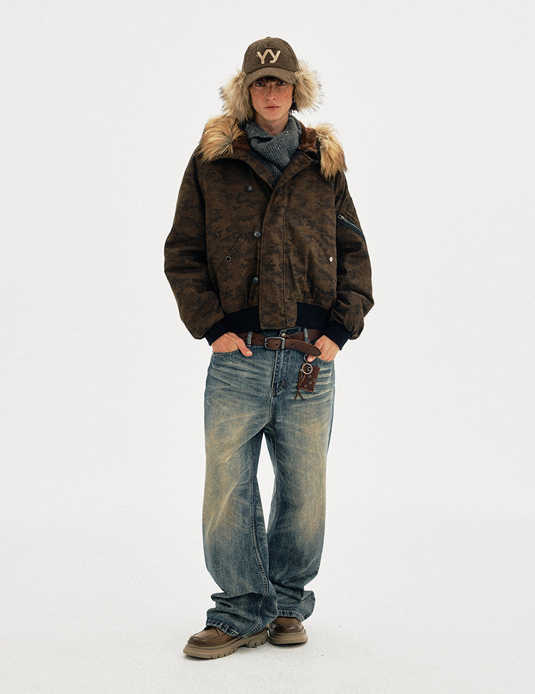 Distressed finish camouflage fur-collar jacket