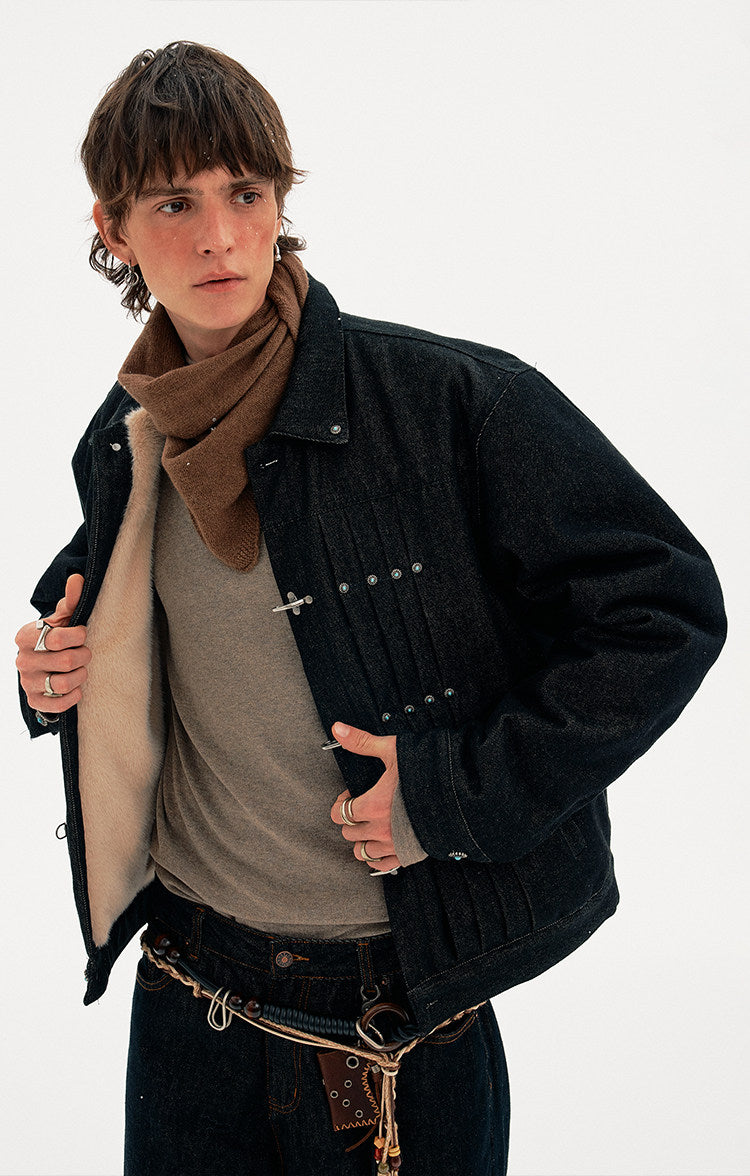 Pleated Airplane Button Denim Jacket