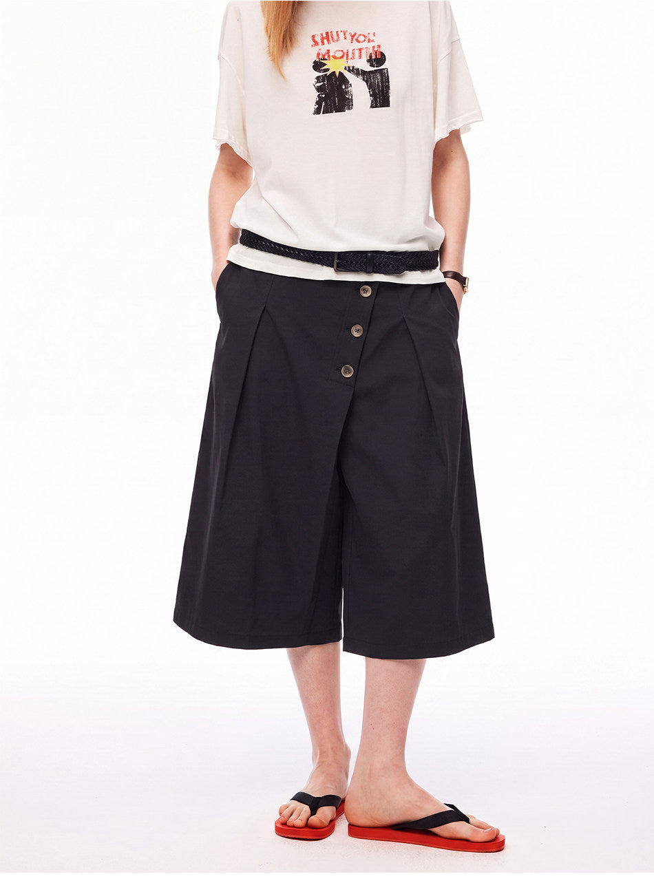 Shorts with a Diagonal Front Placket and Buttons