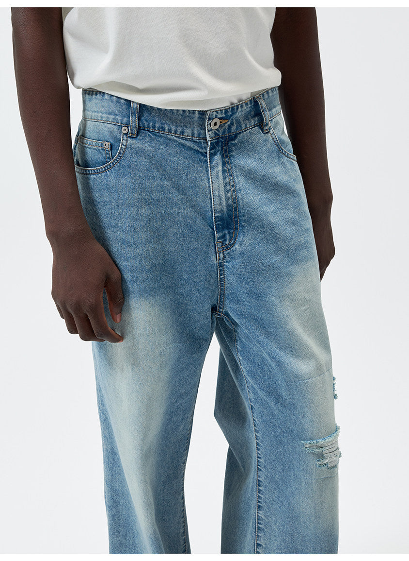 Water-Washed Straight-Leg Lightweight Denim Pants