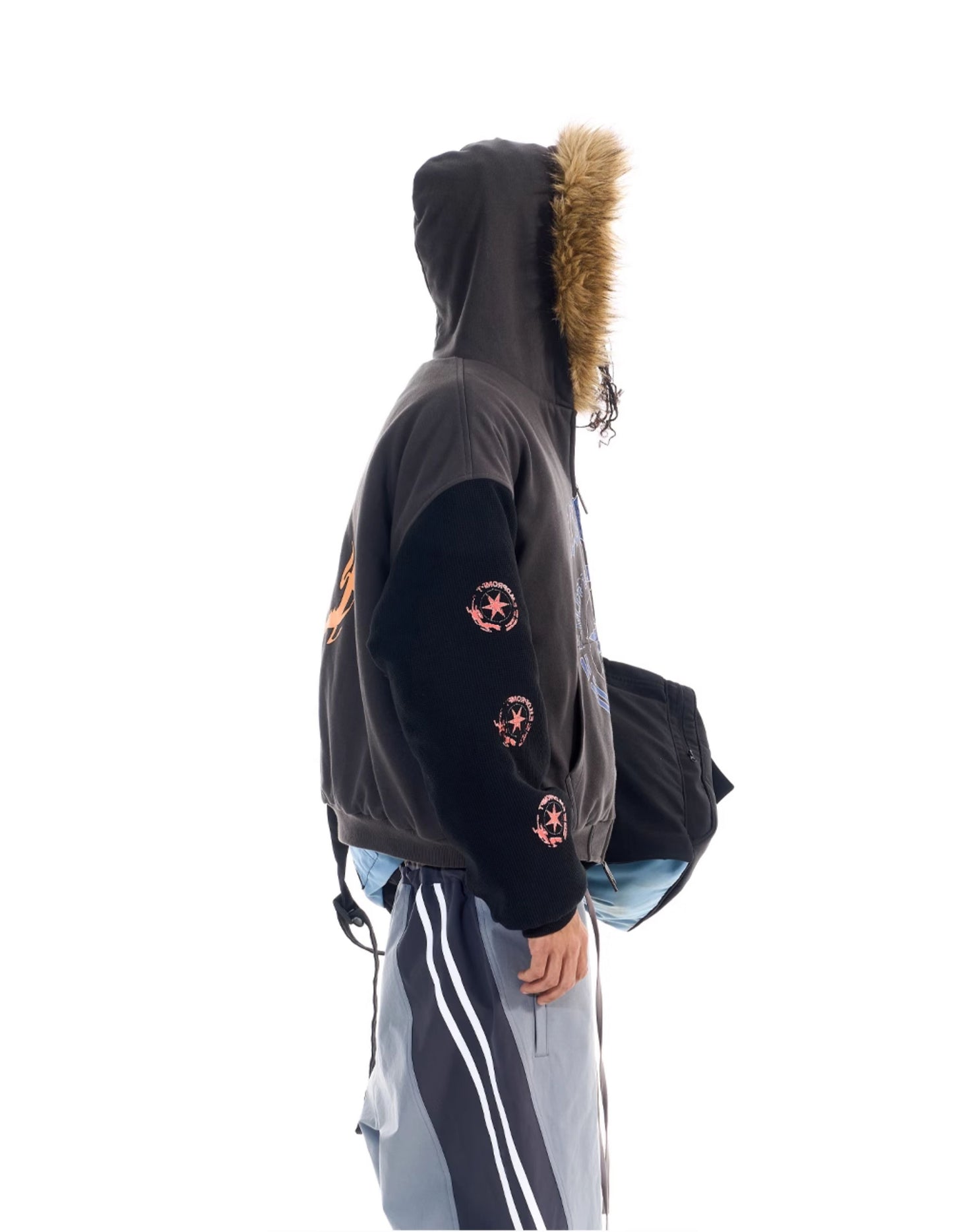 Color Block Fur Collar Sweatshirt