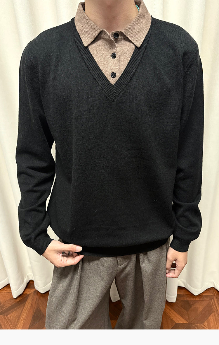 Faux Two-Piece Polo Collar Sweater