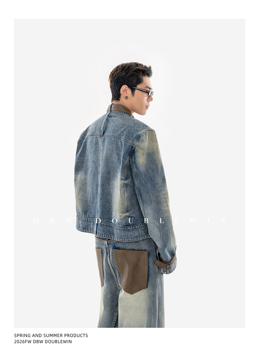 Vintage-Washed Padded-Shoulder Denim Jacket Set