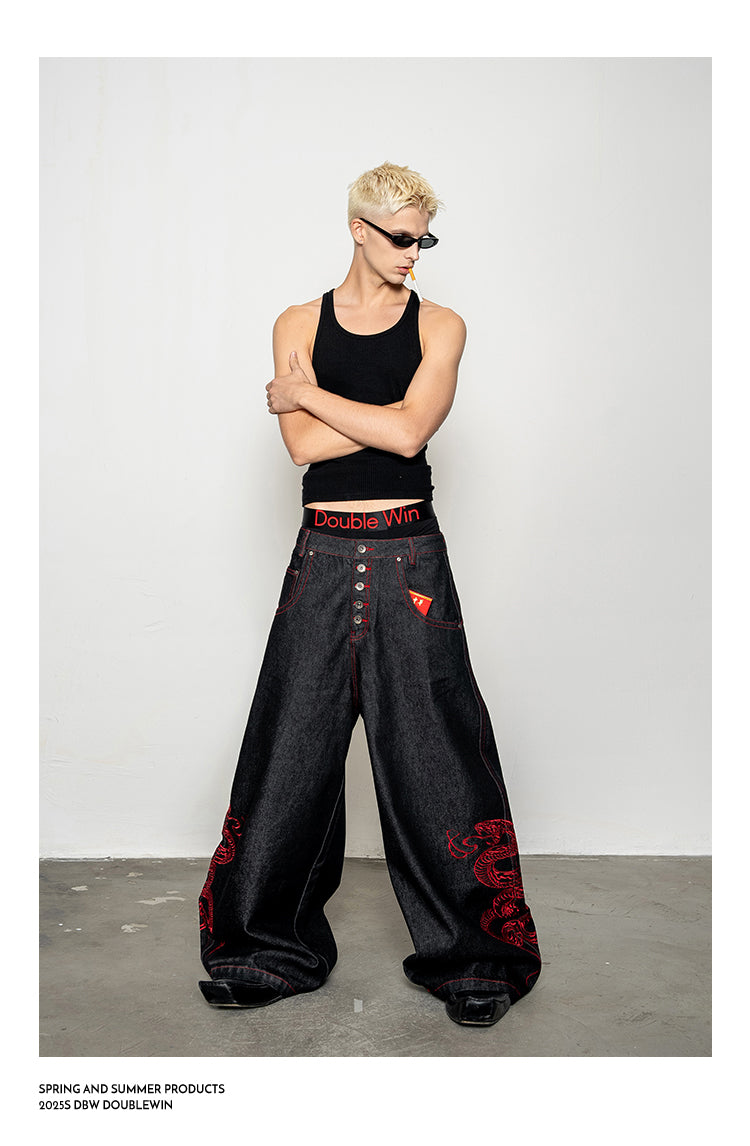 Red Snake Denim Pants