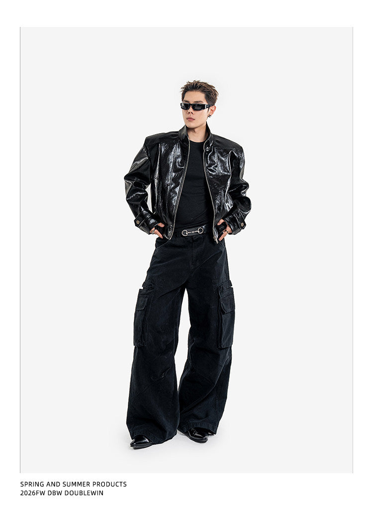 Short Biker Jacket with Stand-Up Collar
