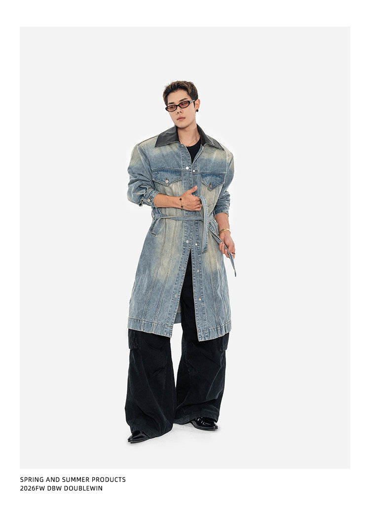 Leather Patchwork Lapel Denim Trench Coat