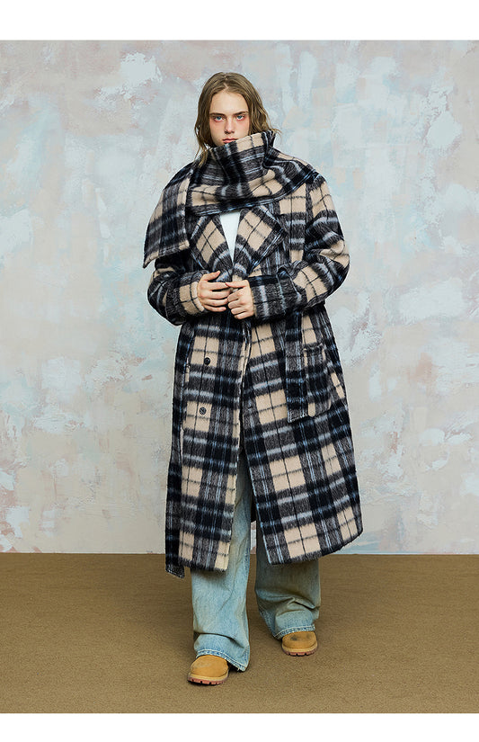 Checked loose slim wool long coat