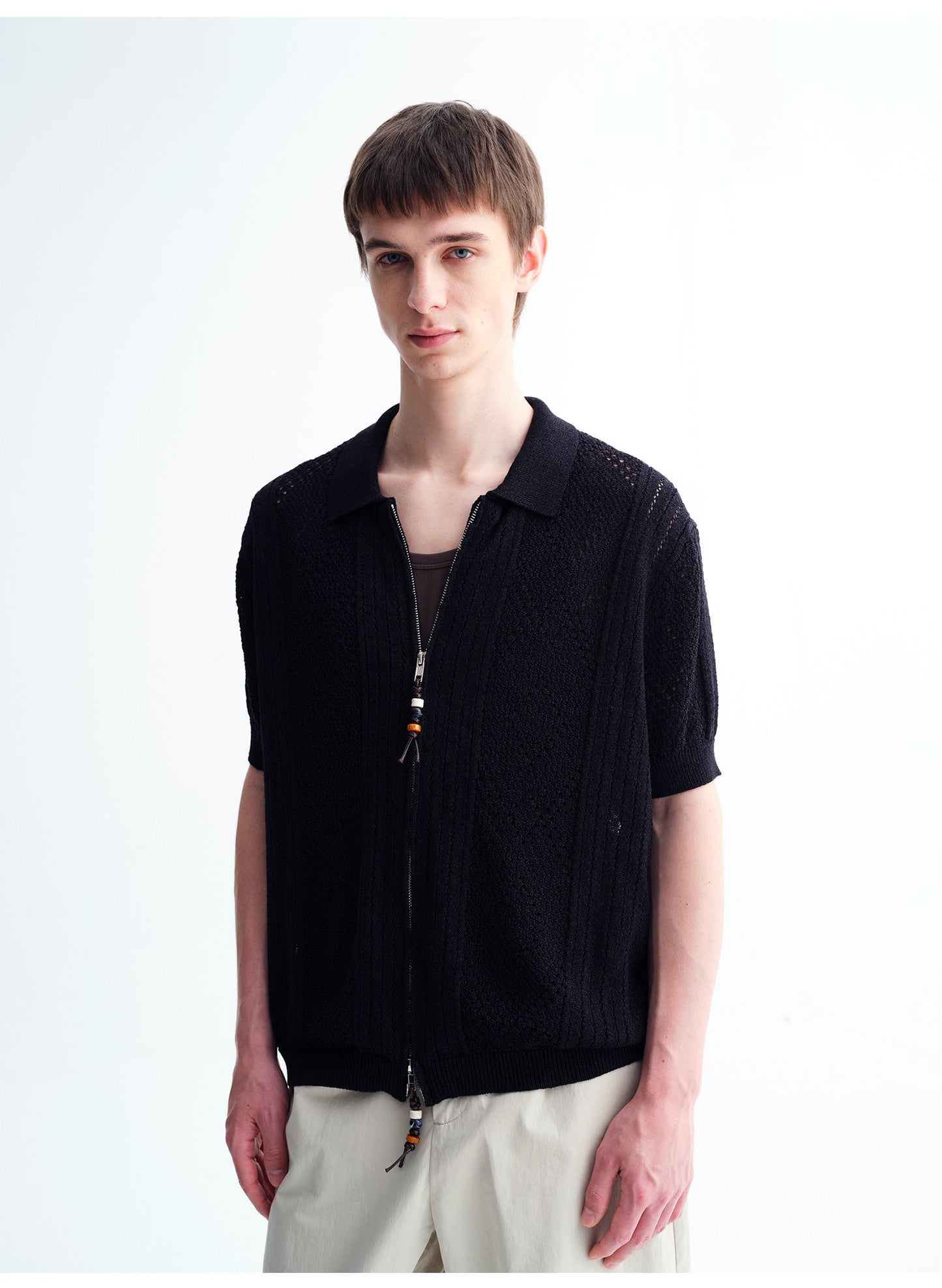 Handmade Beaded Double-Zipper Knit Cardigan