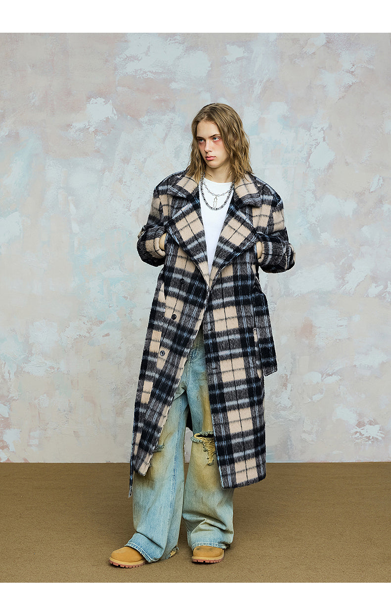 Checked loose slim wool long coat