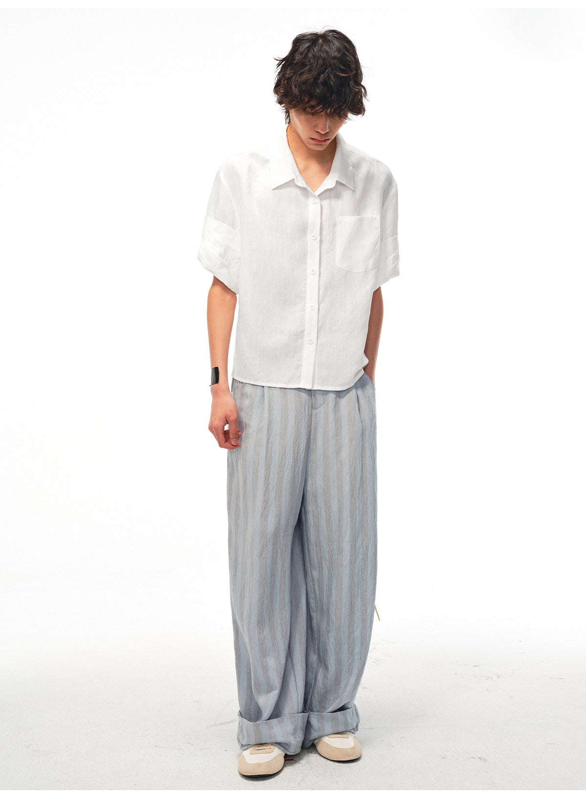 Striped Drawstring Flip-Up Casual Pants