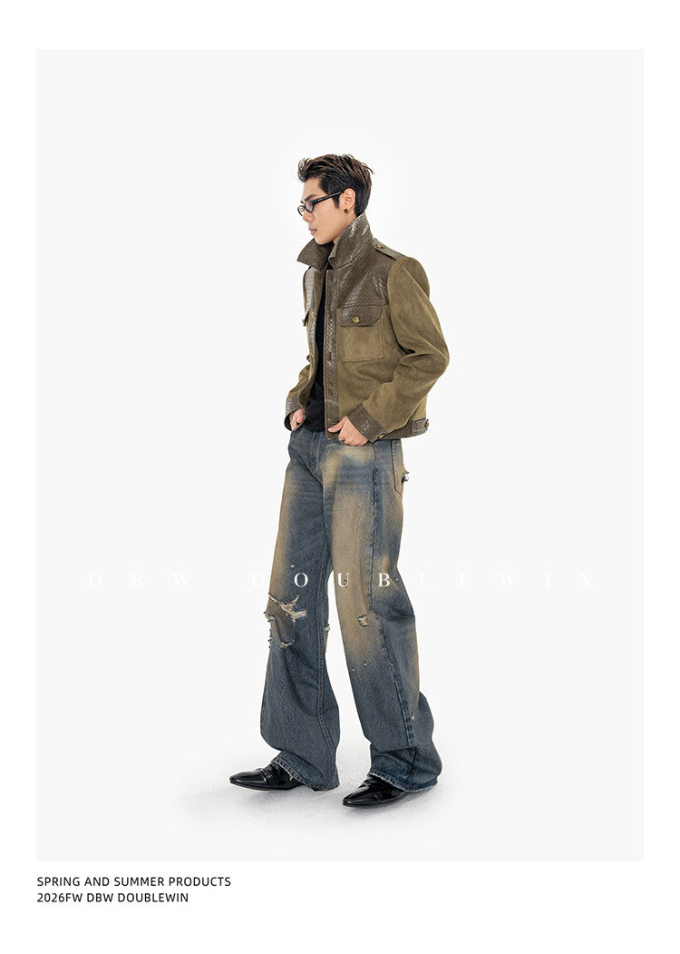 Textured Leather Patchwork Suede Short Jacket