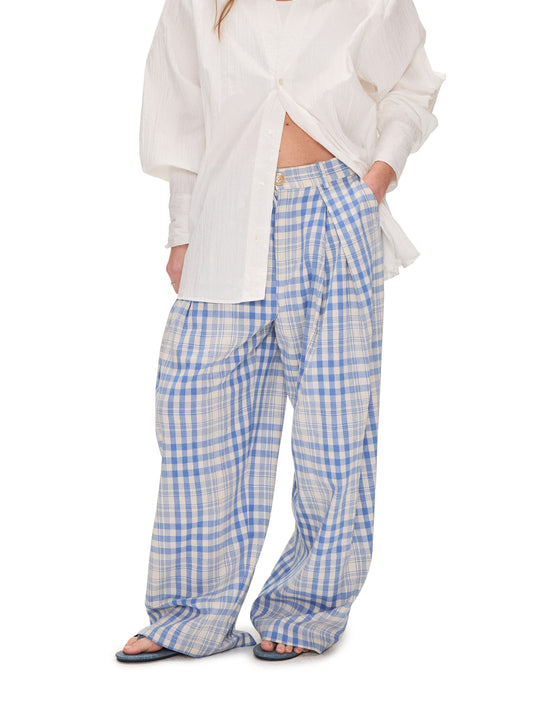 Blue Checkered Pleated Casual Pants