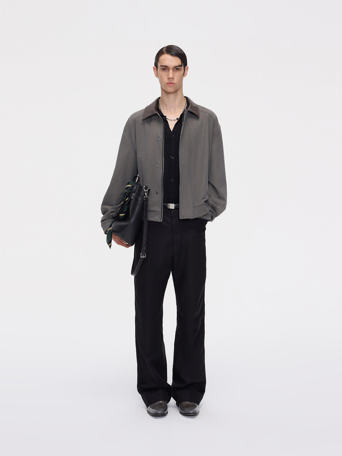 Zipper Jacket with Contrast-Color Leather Collar