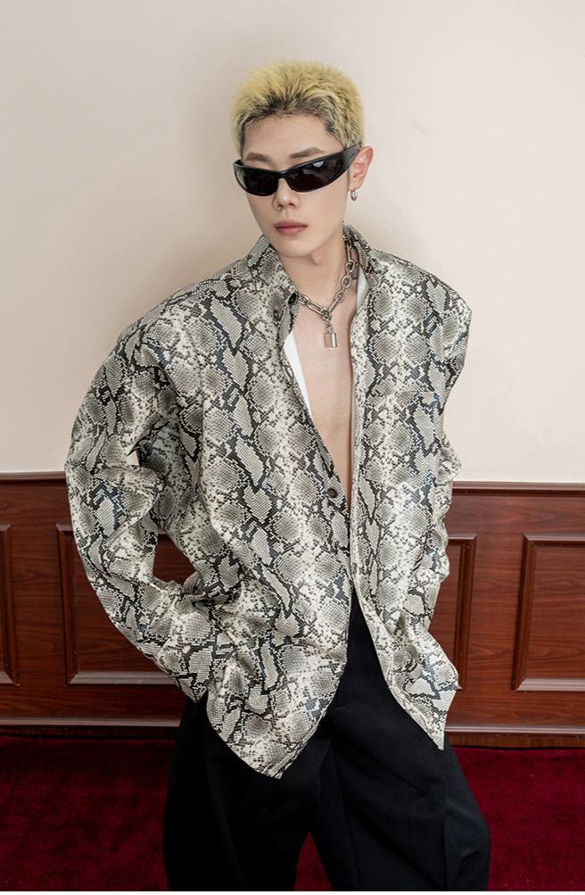 Snakeskin patterned shirt with shoulder pads