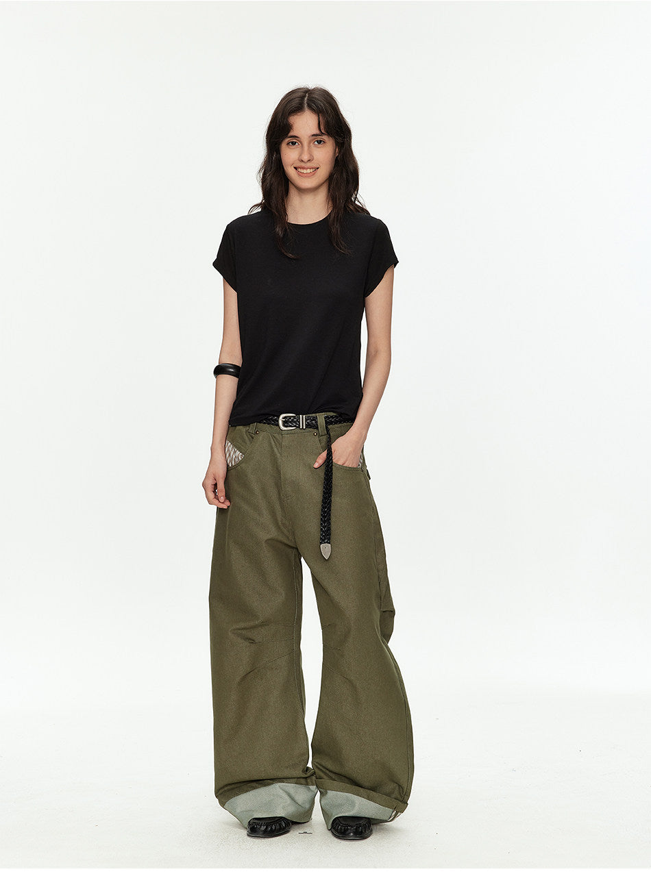 Wide-Leg Workwear Pants with Checkered Pockets