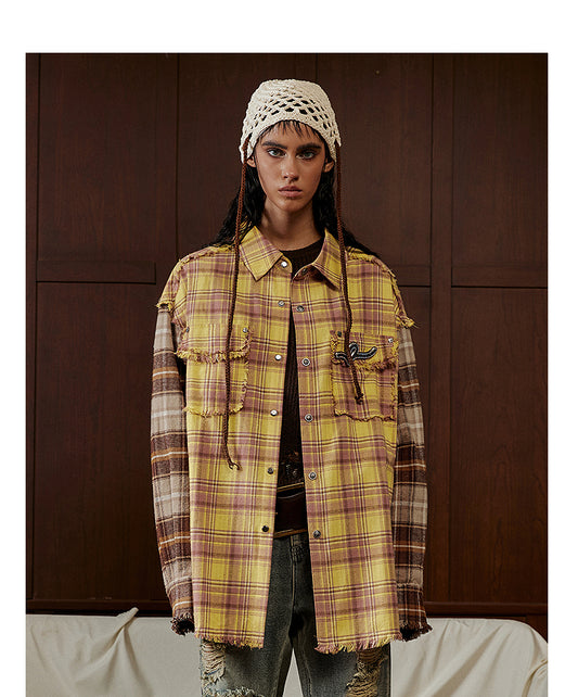 Raised raw edge split plaid shirt