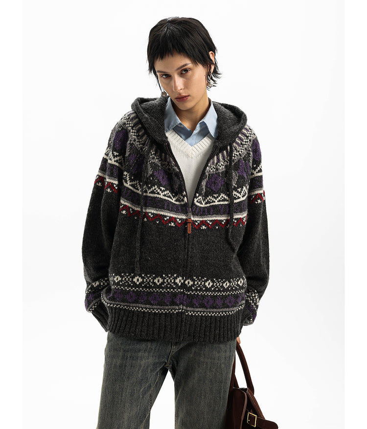 Retro Jacquard Hooded Cardigan