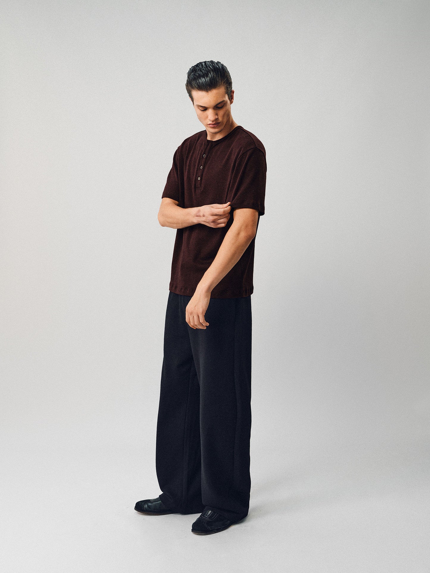 Henley-Collared Button-Down T-Shirt