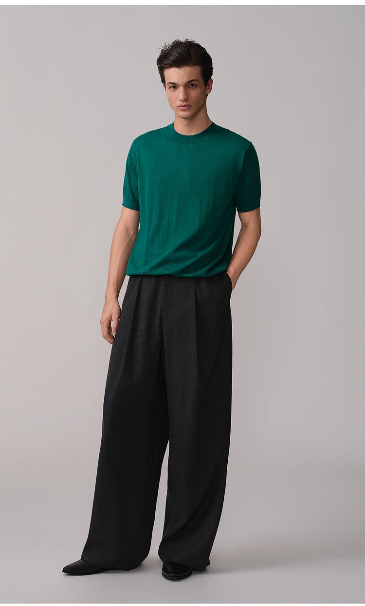 Loose-Fit Casual Pants with Double Pleats and Elastic Waistband