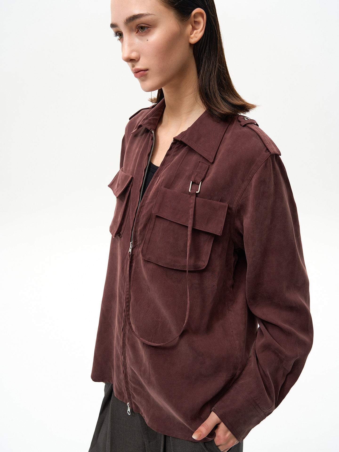 Ribbon Zipper Military Shirt