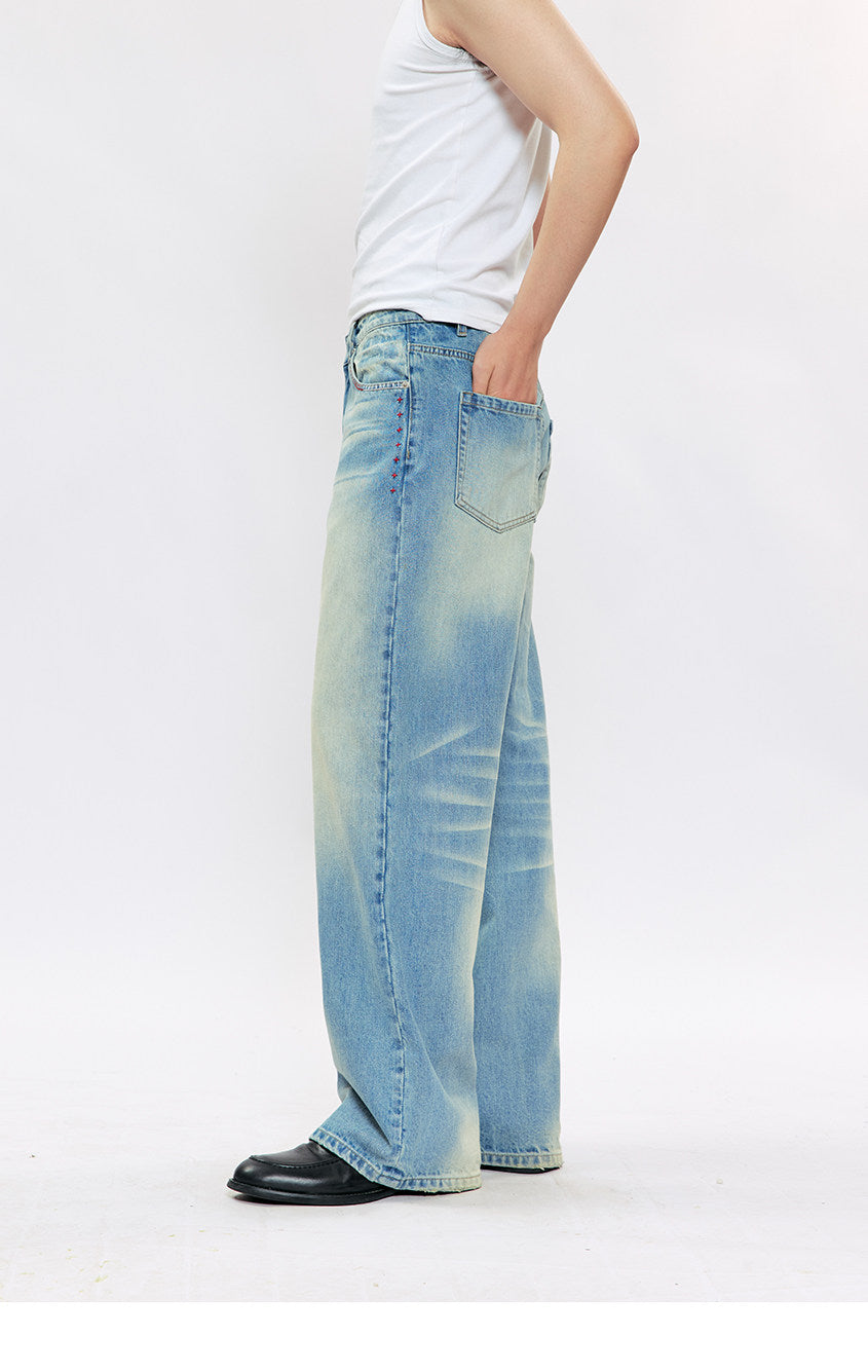 Wide-leg casual jeans with whiskers