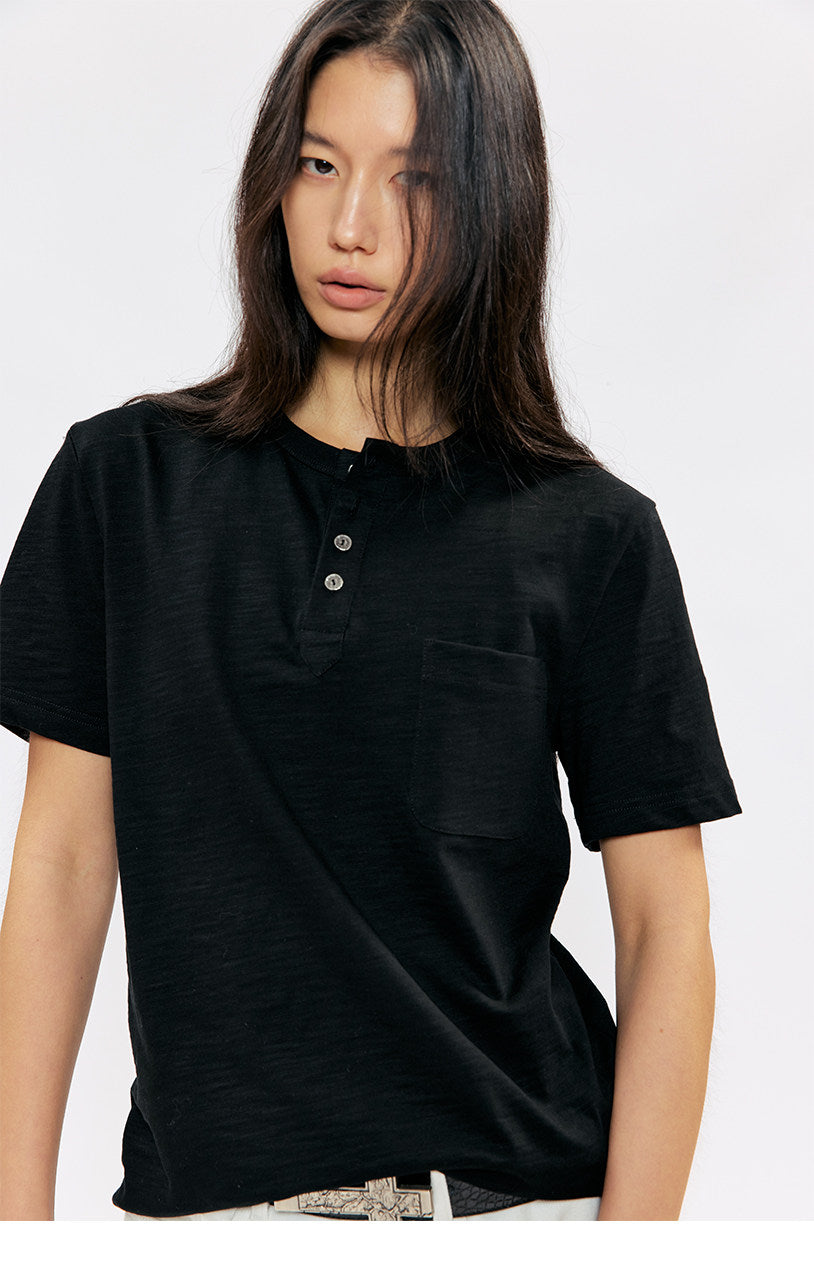 Henry Collar Casual Shoulder Slim T-Shirt