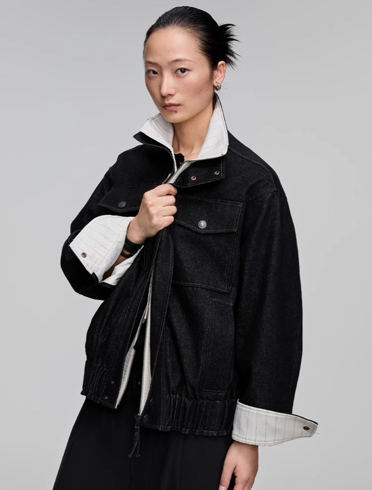 Stand collar patch pocket denim jacket