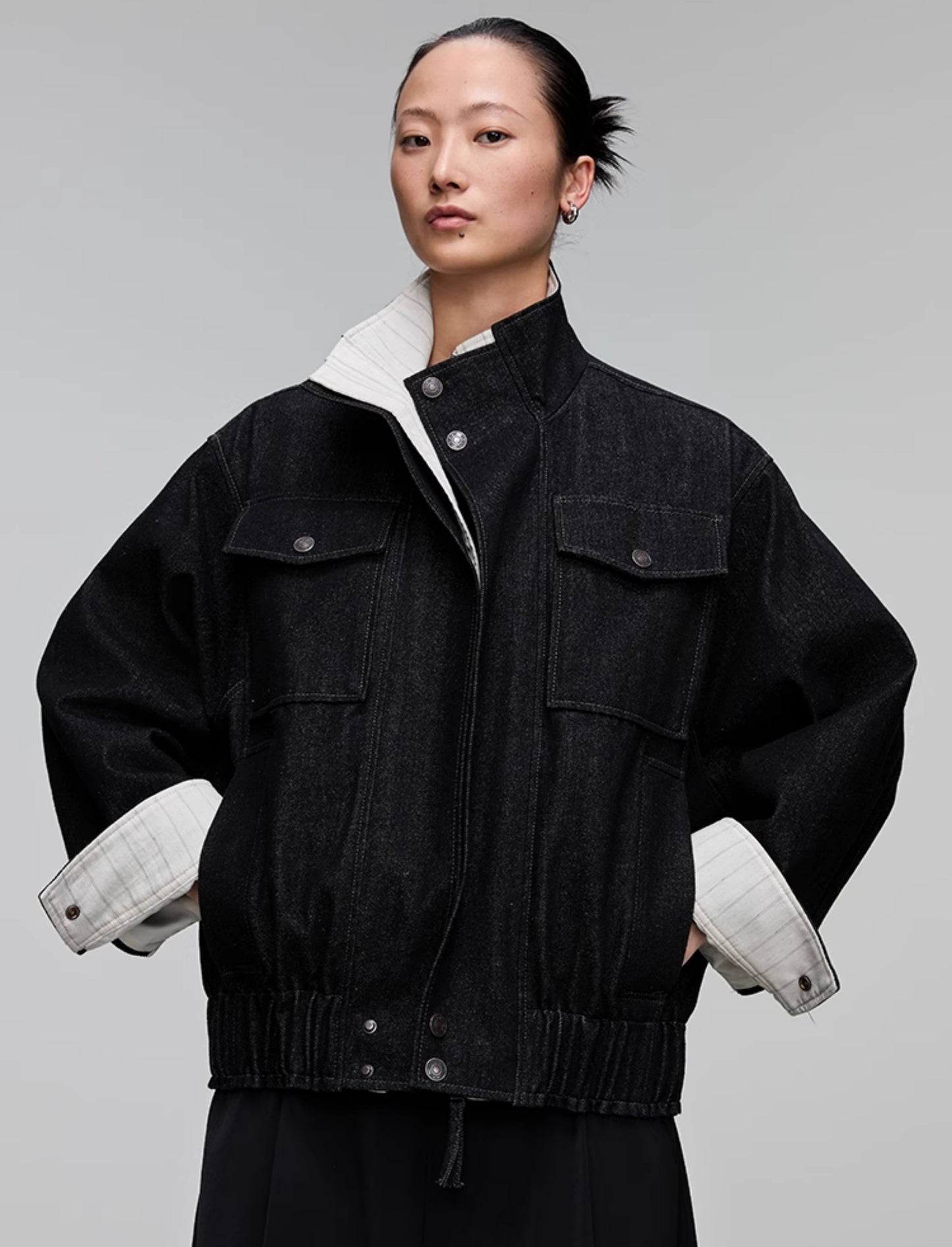 Stand collar patch pocket denim jacket