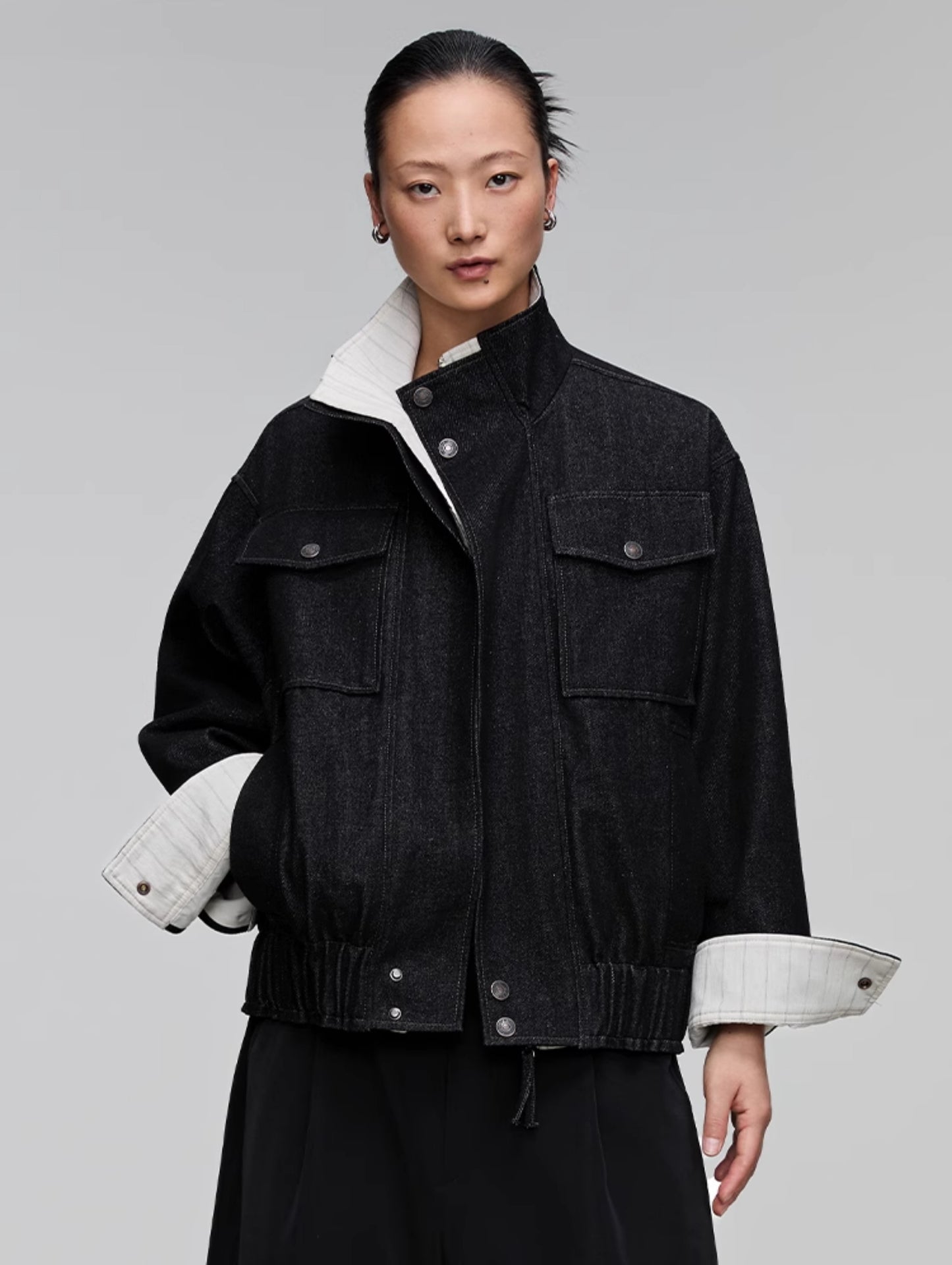 Stand collar patch pocket denim jacket