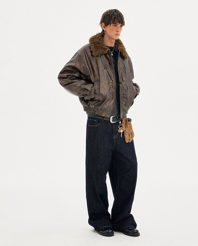 Padded Distressed PU Leather Jacket