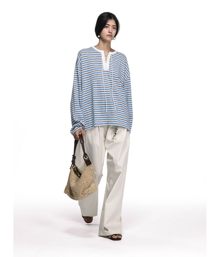 Drawstring Tie Henley Collar T-Shirt