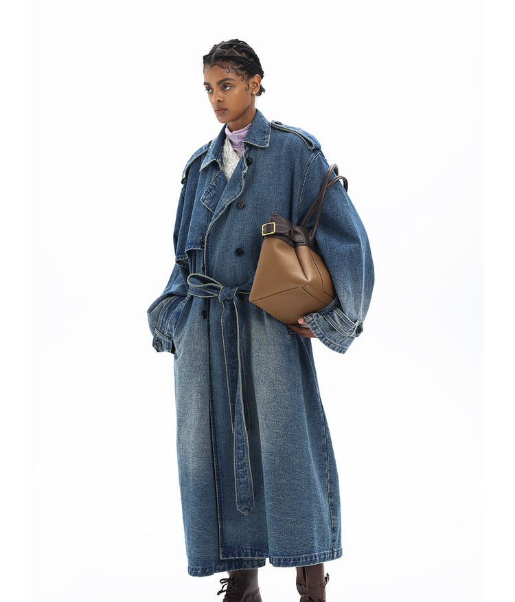 Double-breasted denim long coat