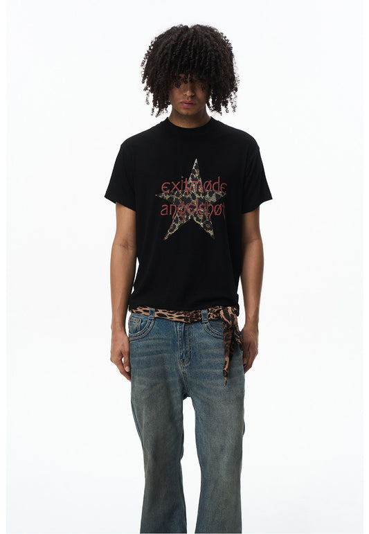 Unisex Five-Pointed Star and Text Print T-Shirt