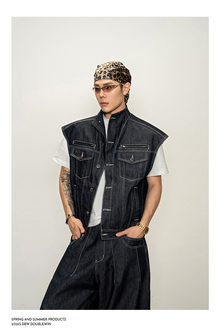 Lined Stand-Up Collar Denim Vest