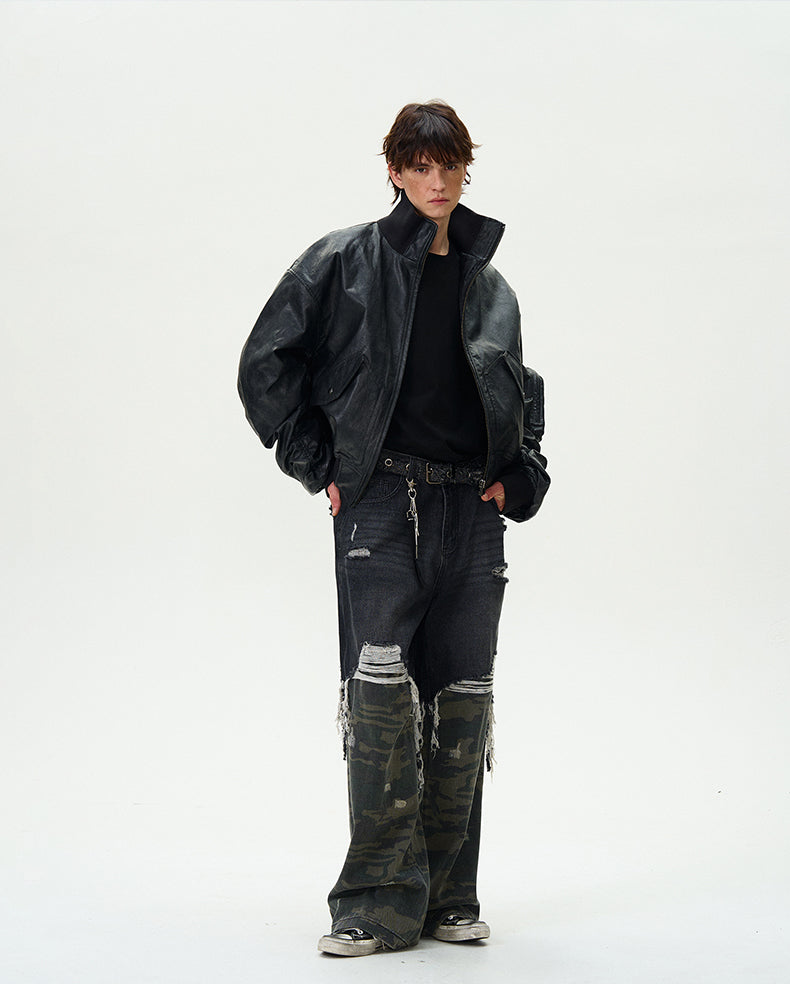 Washed Bomber PU Leather Jacket