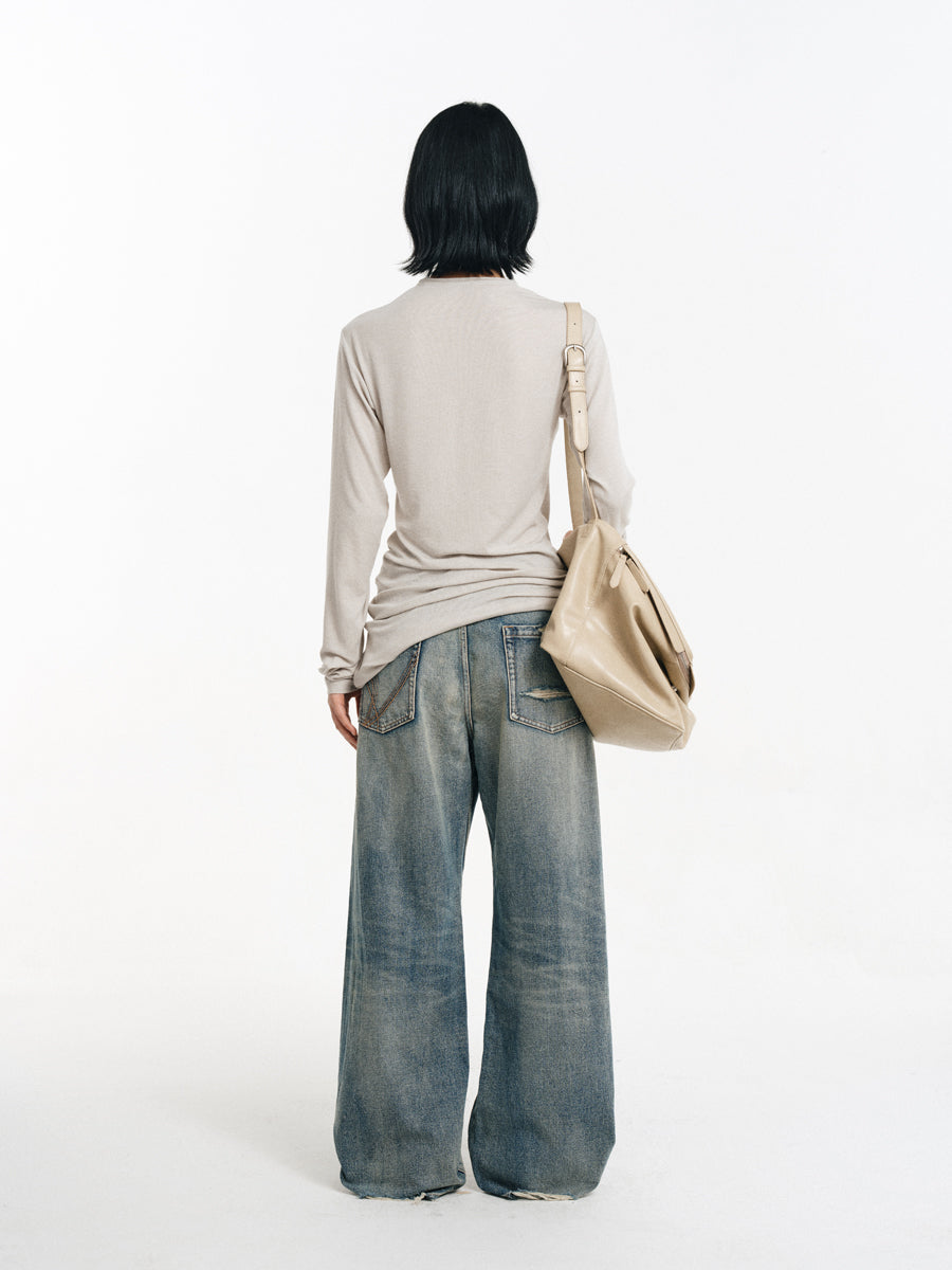 Hand Stitched Ripped Slim Straight Jeans