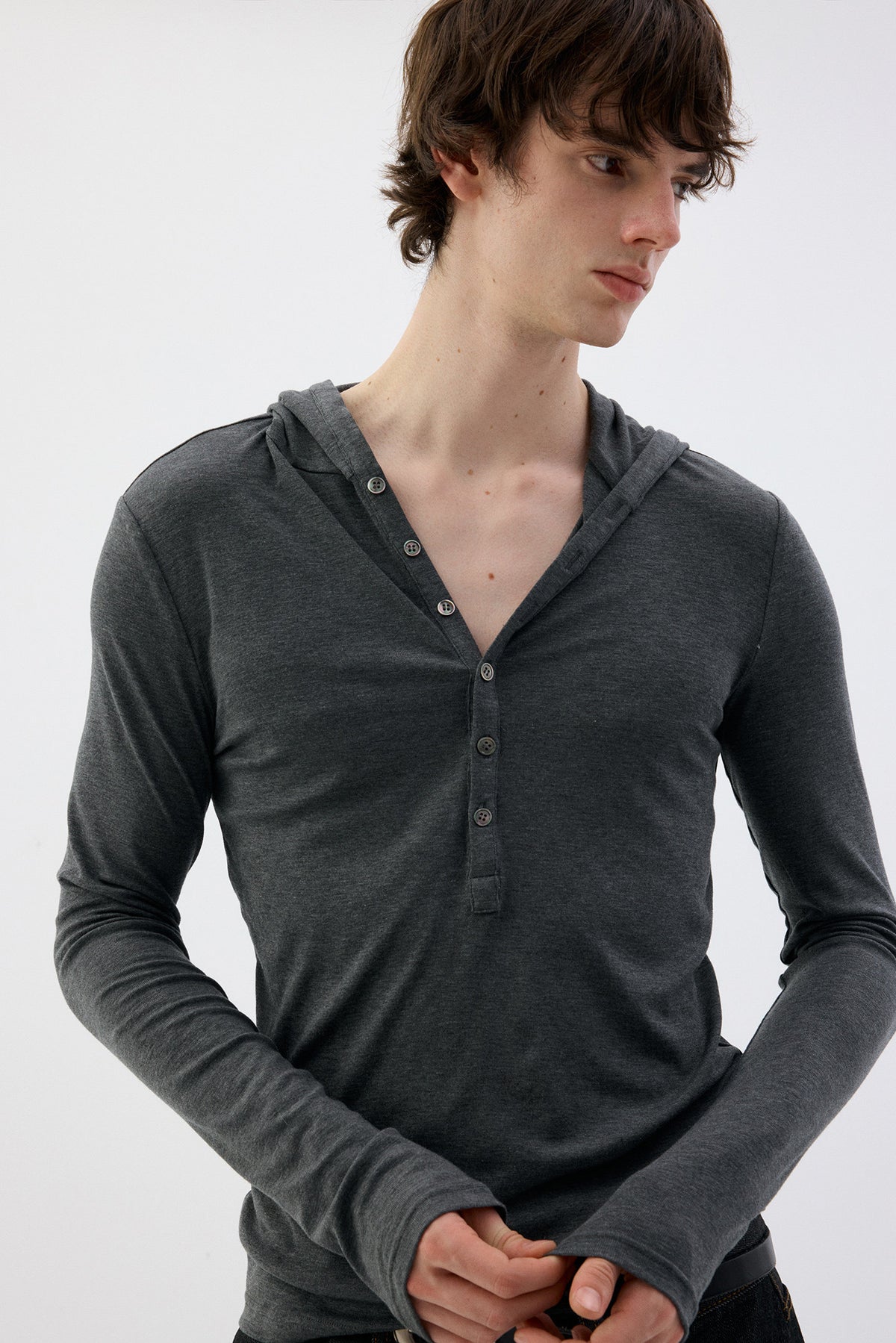 Henry-Collar T-Shirt with Half-Button Hood